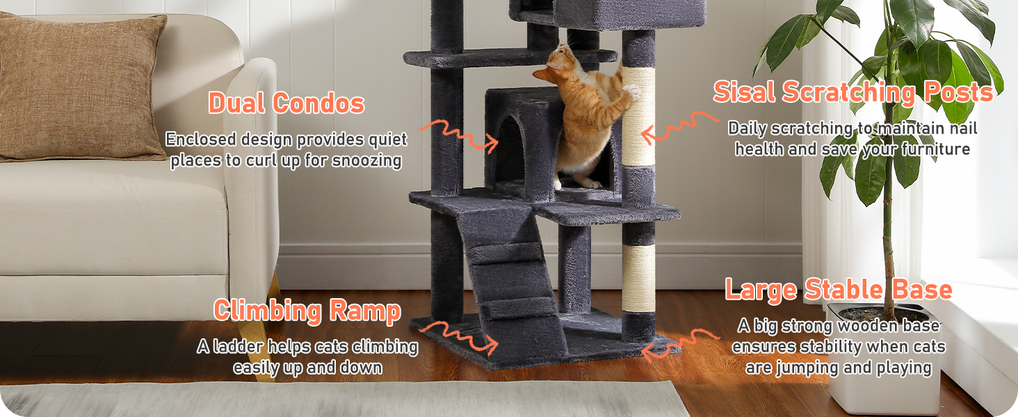 Кігтеточка PETEPELA 143 см з подушкою, кігтеточними стовпчиками, двоповерховим будиночком для котів – велика, зелена (темно-сіра)