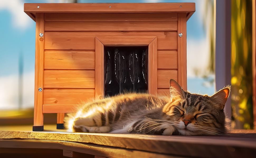 Дерев'яний будиночок для котів VOUNOT з асфальтовим дахом, для вулиці, 57x45x43 см