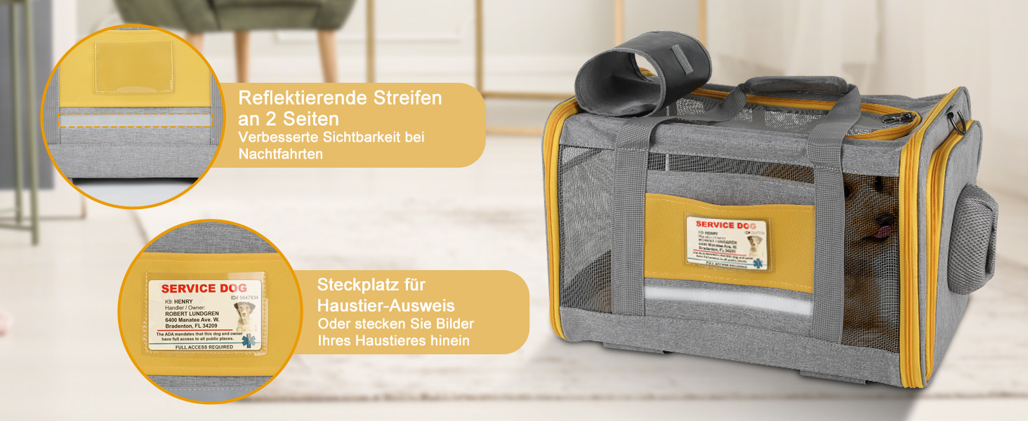 Транспортна переноска Pawinner для котів та собак, 45x33x33 см, з візком для авто та літака, складана, дихаюча, до 9 кг (Сірий, Світло-жовтий)