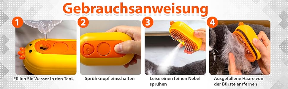 Парфумерна щітка для котів з розпилювачем, 4-в-1: видалення шерсті, масаж, розпилення, самоочищення, водонепроникна (IPX7), білий колір з жовтим руків'ям