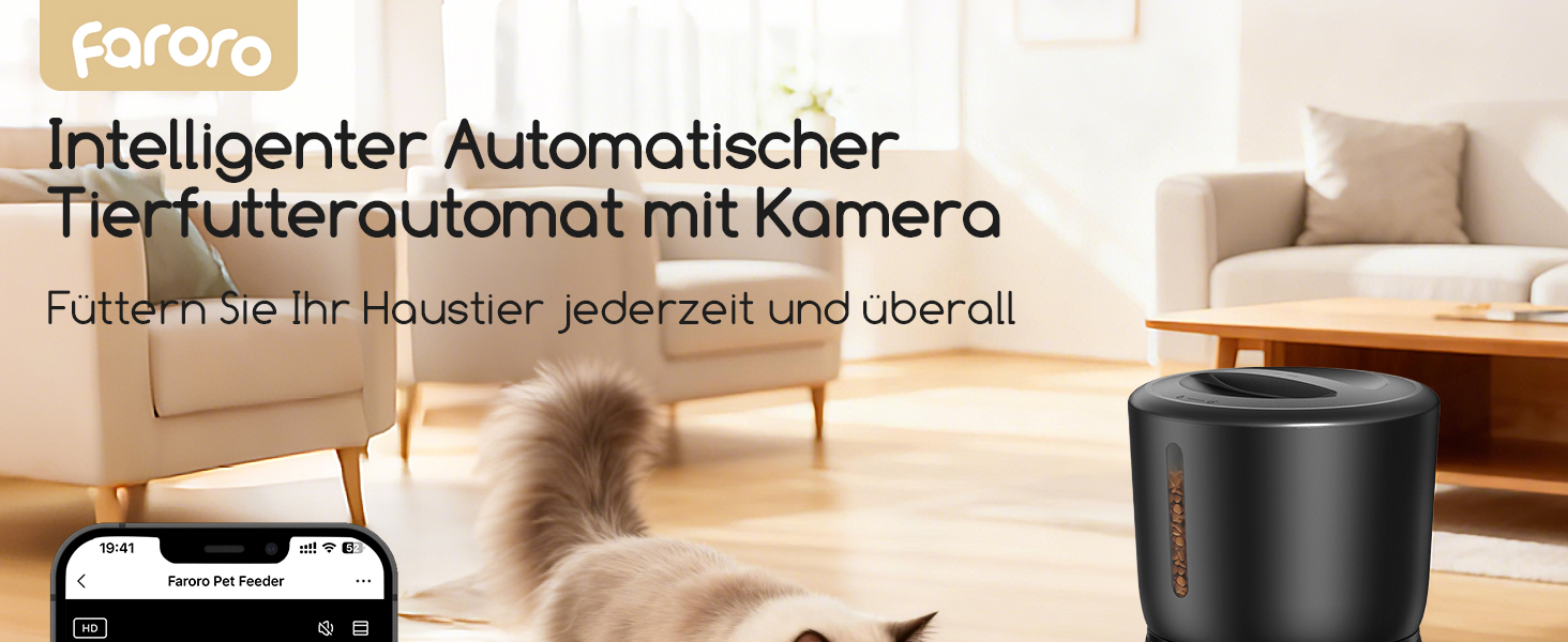 Автомат годівлі для котів Faroro з Wi-Fi, 1080P HD відео, нічне бачення, 4L, для котів/собак, двосторонній аудіо, керування через APP, антиблокувальний сенсор, подвійний примус