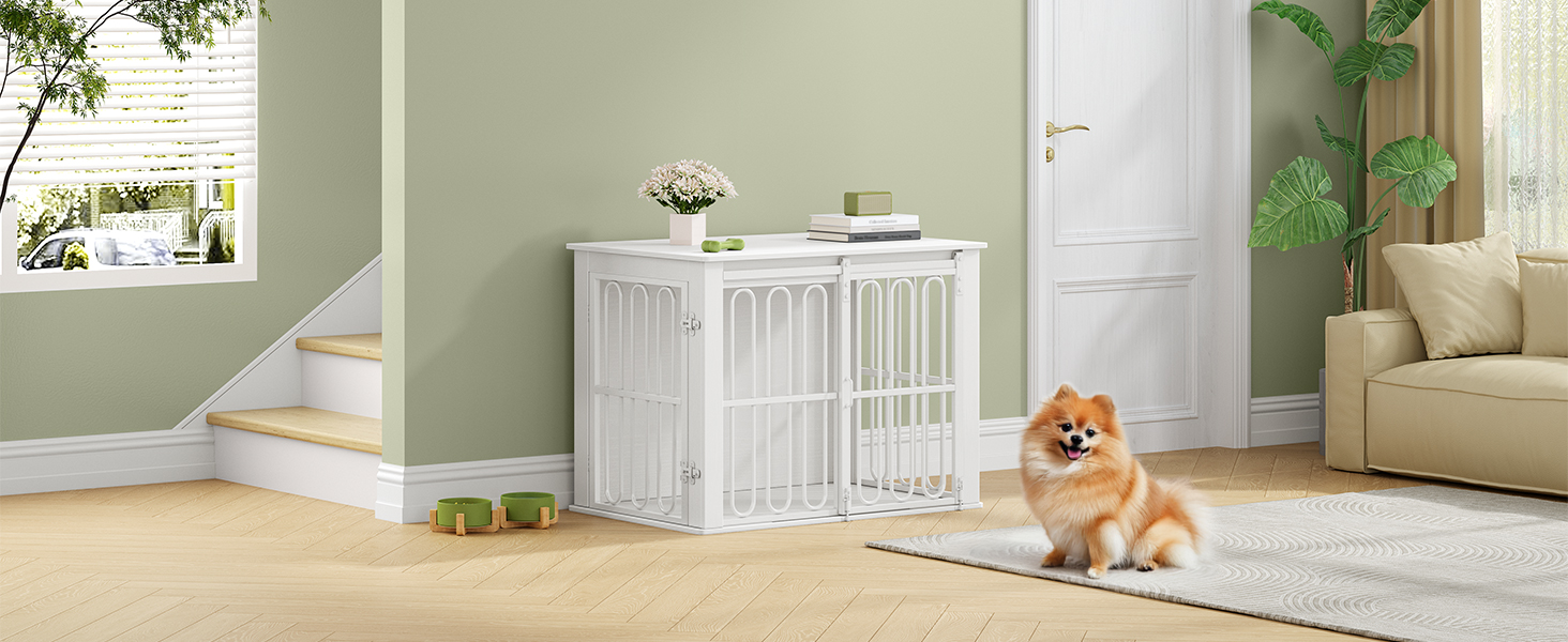 Дерев'яний вольєр для собак, 81 см, вольєр-стілець для дому, 2 двері, розсувні, для маленьких та середніх собак, міцний, 81 × 55 × 62,4 см, білий