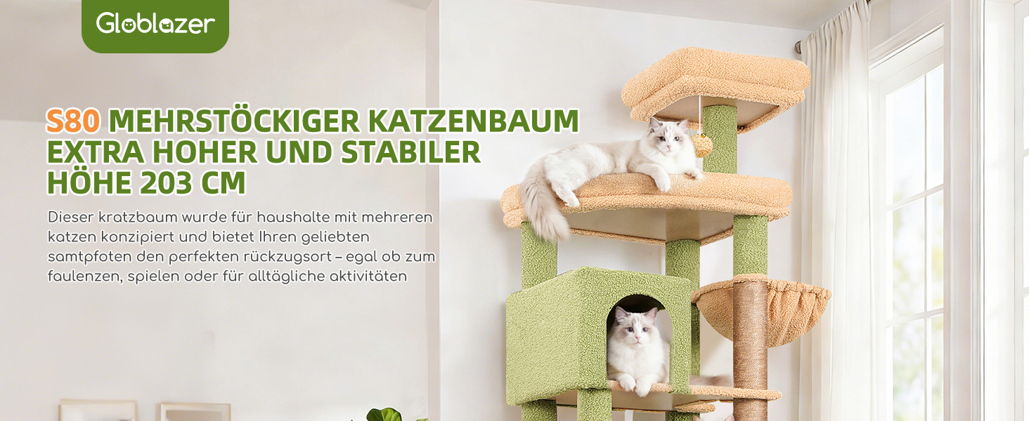Комплекс для котів Globlazer XXL (203 см) для 4-6 великих котів, з 3 будиночками, платформами, кошиком та іграшками, стійкий, зелений