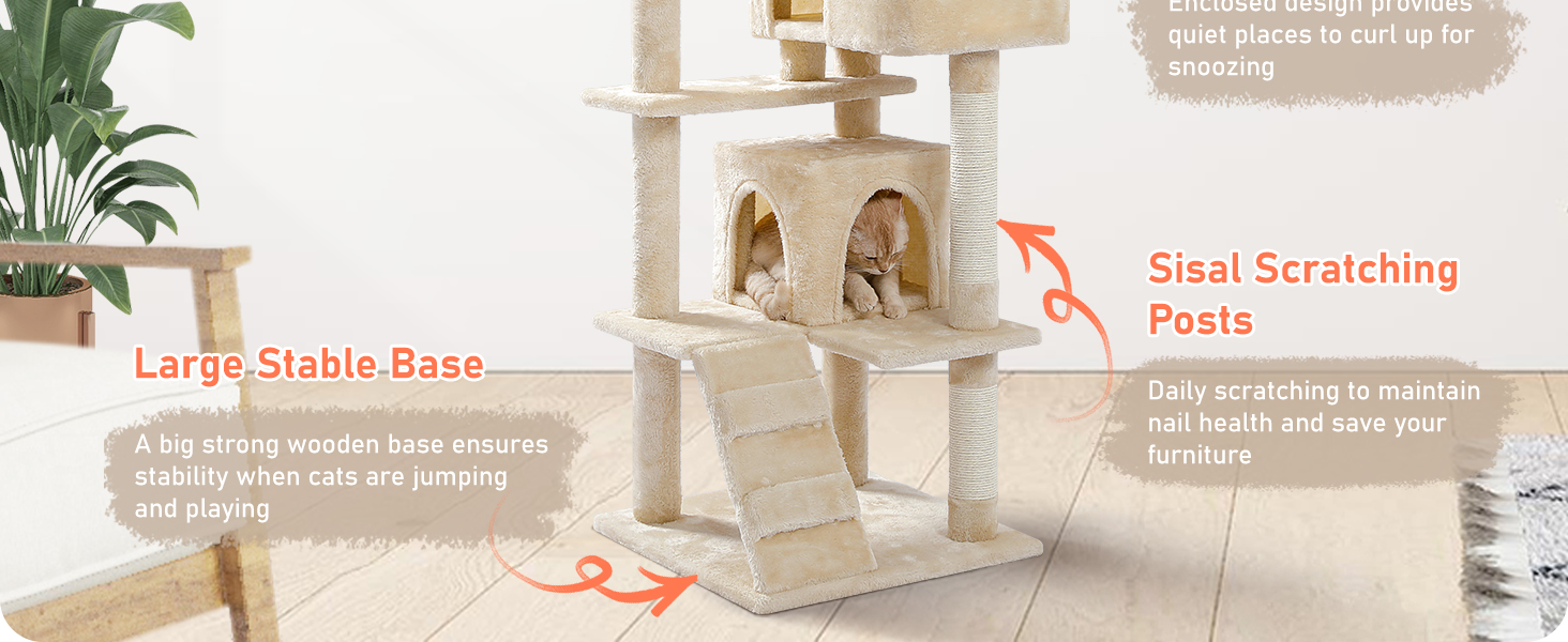 Кігтеточка PETEPELA 143 см з знімним подушкою, кігтеточними стовпчиками, двоповерховим будиночком для котів – велика, для великих котів, зелена (бежева)