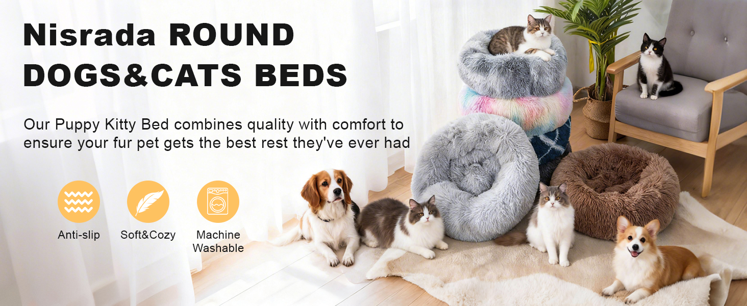 Кругле ліжко для собак та котів Nisrada, 80 см, сірого кольору, м'яке, зручне, з неслизьким дном, для цуценят та великих собак, 80x80x20 см