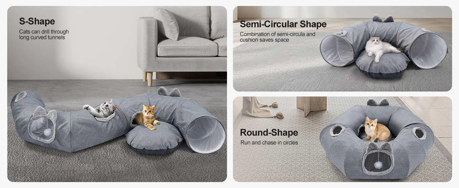 Туннель-ліжко для котів Odoland з м'яким лежком, інтерактивна іграшка з кулькою та шурхотливим тунелем для кошенят, кроликів, цуценят та інших дрібних тварин