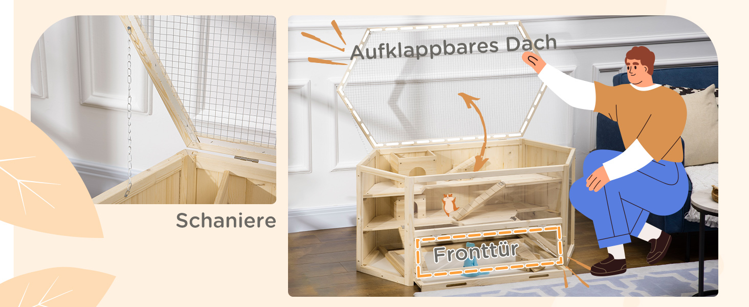 Клітка для дрібних тварин PawHut з рампою, гойдалкою та відкидною кришкою, 115 x 60 x 55 см, натуральне дерево та PS пластик