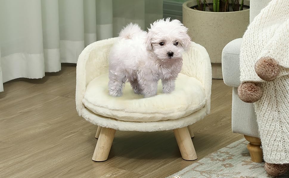 Диван для котів PawHut з подушкою, підняте ліжко для котів і собак, м'яке крісло-хокер з нековзкими дерев'яними ніжками, для дому, кремово-білий, 40,5x40,5x33 см