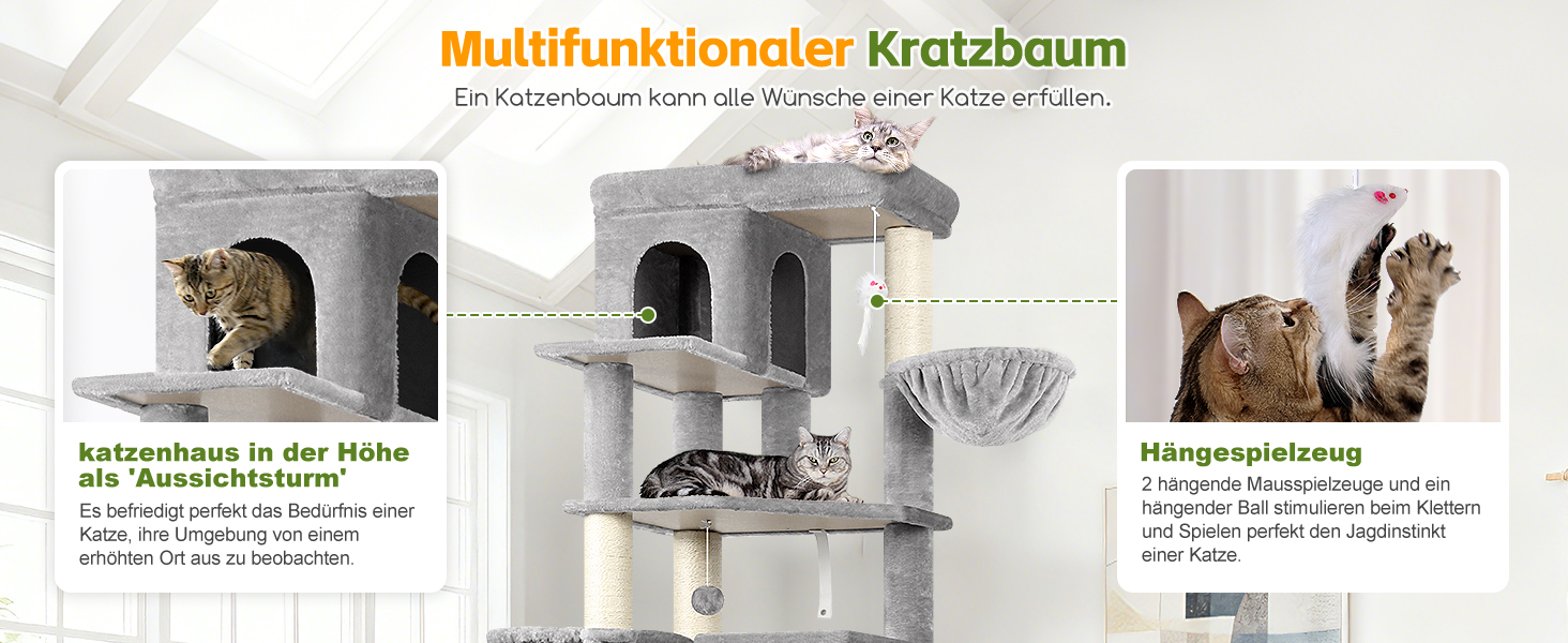 Драбина для котів Globlazer 204 см з 3 будиночками, 2 великими платформами, 3 м'якими кошиками, стабільна для 3-5 котів, для відпочинку, ігор та дряпання, сірий колір (XXL)