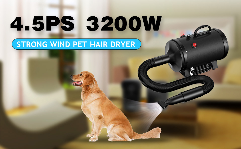 Фен для собак Blower - тихий, 4.5 PS / 3200W, регульована швидкість, 4 насадки, шланг, щітка (чорний)