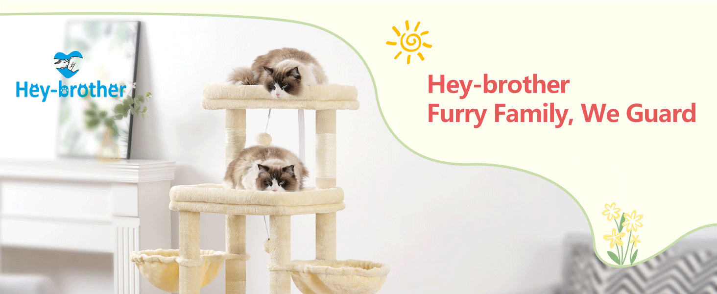 Котячий будиночок Hey-brother Kratzbaum для великих котів та Мейн-кунів, багатоярусний, з 2 платформами, 2 будиночками, великою печерею та щіткою, EMPJ070W (Бежевий)