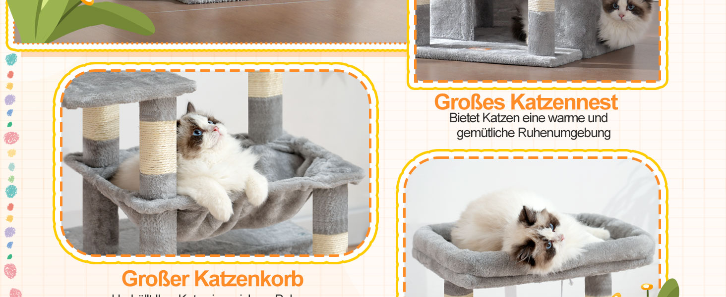 Котячий будиночок Heybly HCT008SW: міцний котячий будиночок з великим м'яким лежаком, місцем для сну та сизалевими стовпчиками для дряпання, сірий