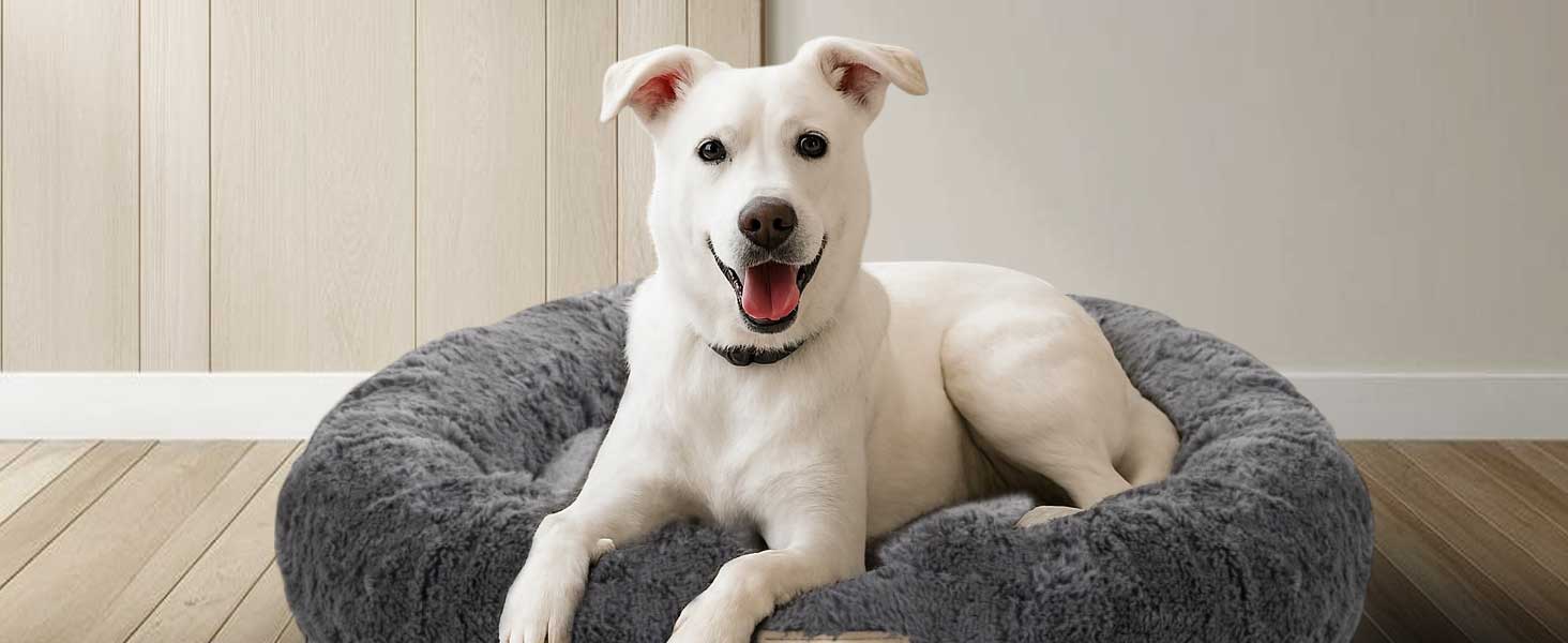 Кругле ліжко для собак King Dog, 80 см, м'яке, з плюшевим покриттям, знімний внутрішній подушок, антиковзаюча підкладка, можна прати, колір: пісковий