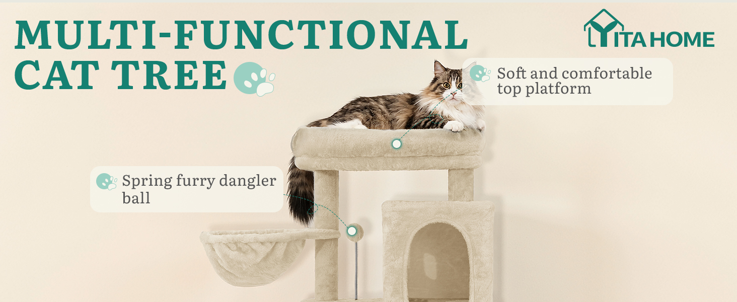 Драбина для котів YITAHOME - кігтеточка, будиночок, велика платформа, товсті стовпи (11 см), м'яке ліжко, 50 x 50 x 157 см (Бежевий)