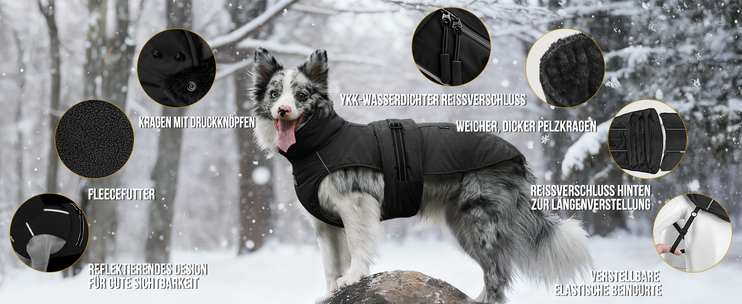 Водонепроникний собачий одяг OneTigris STORMWALL для великих собак, чорний, з флісовою підкладкою та регульованою довжиною, з відбиваючими елементами та коміром з хутра, для прогулянок на природі, розмір L (27-41 кг)