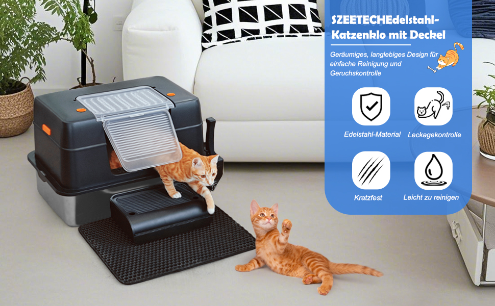 Сталеве котяче туалет XXL SZEETECH з кришкою, легко чиститься, усуває запахи, два режими (закритий та напіввідкритий), чорний колір