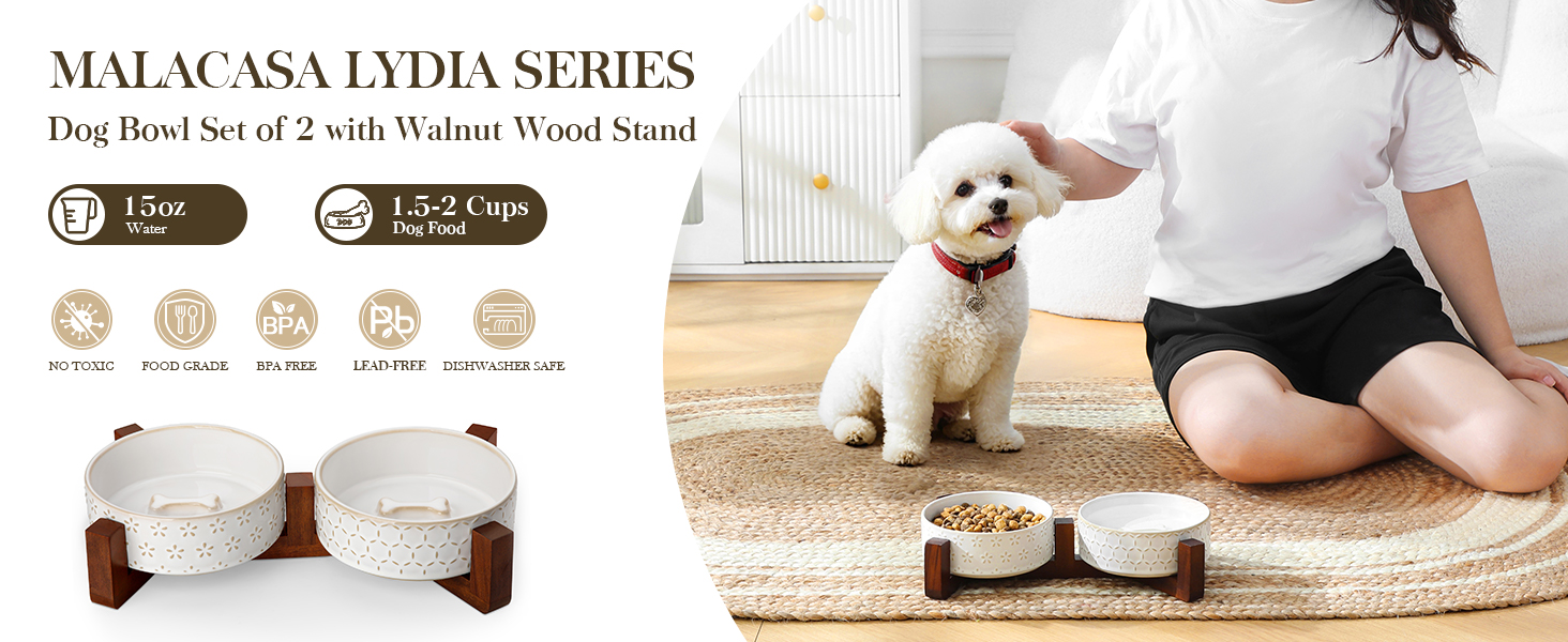 Миска для собак Malacasa з підставкою з горіхового дерева, 450 мл, подвійна миска для собак та котів, для корму та води, неслизька підставка, візерунок у вигляді п'ятипелюсткового клеверу та соти, 450 мл * 2