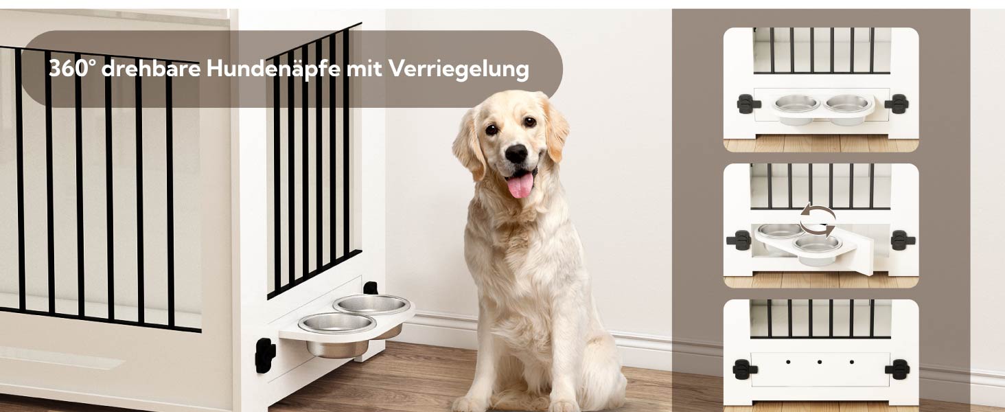 DAWNYIELD Клітка для собак, меблі для тварин, дерев'яний вольєр з відкриваючимся верхом, шухляда, меблевий стиль, внутрішній вольєр для собак, стіл з поворотним мисником на 360°, білий колір, ковзаюча дверцята білого кольору