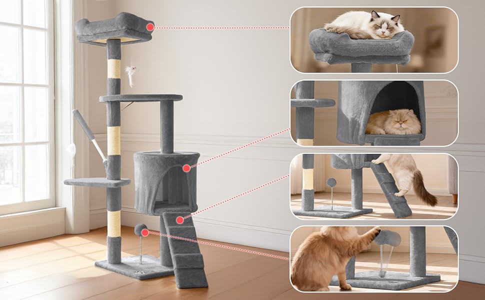 Кігтеточка для котів Vounot® – багатоярусна, 112 см, сіра, з платформами та іграшками