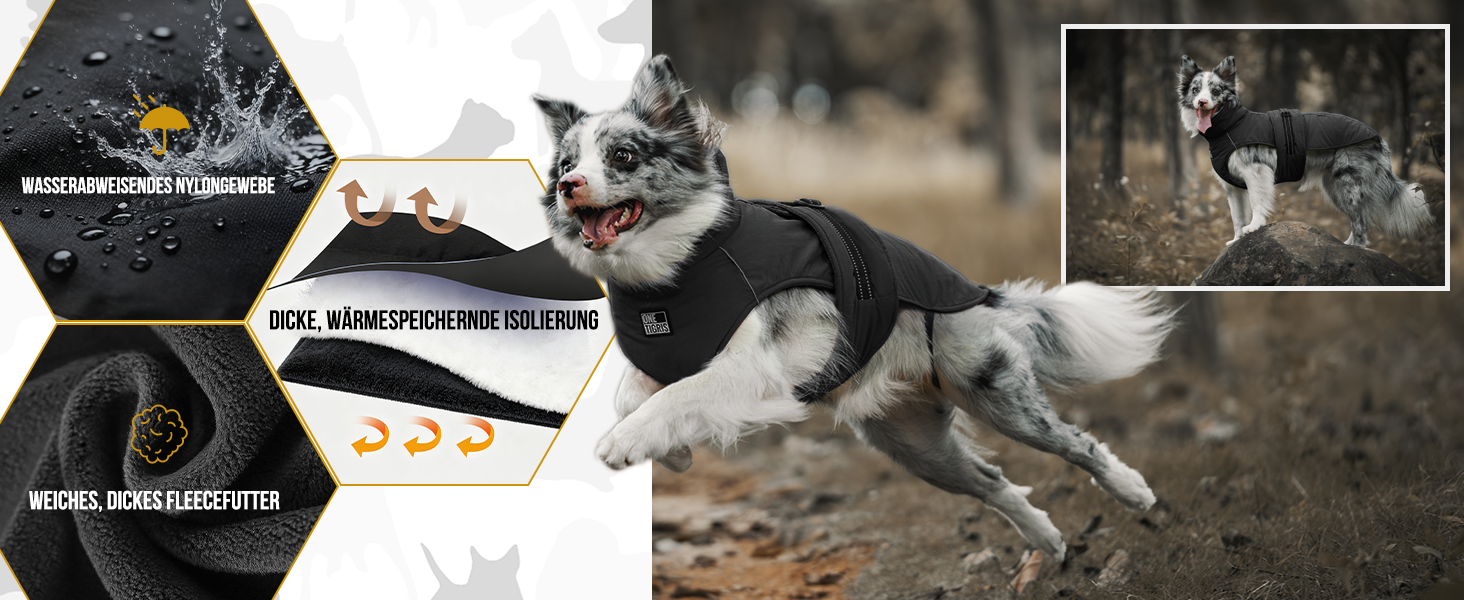 Водонепроникний собачий одяг OneTigris STORMWALL для великих собак, чорний, з флісовою підкладкою та регульованою довжиною, з відбиваючими елементами та коміром з хутра, для прогулянок на природі, розмір L (27-41 кг)