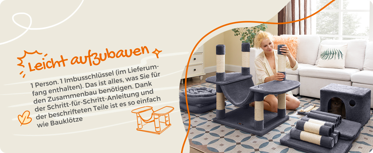 Котячий будиночок Feandrea XXL: багатоповерховий котячий комплекс 206 см, з 13 стовпчиками для шліфування, 2 платформами, 2 печерами, гамаком та іграшками, сірий