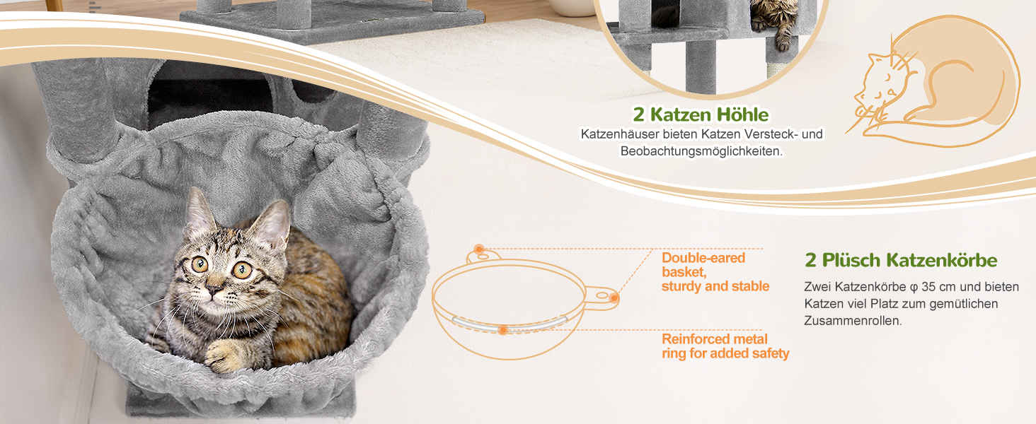 Драбина-кіготь Globlazer XXL 209 см з 3 м'якими стійками, 2 будиночками, 2 кошиками, великою платформою та іграшками для котів. Стабільна, для 3-5 котів.