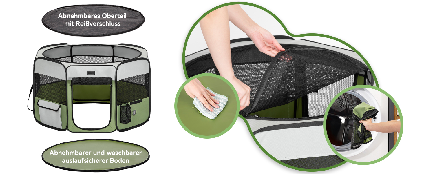 PETSFIT Розкладний вольєр для цуценят та дрібних тварин, вольєр для собак та котів, з водонепроникним дном, Pop-up система, захист від гризучих, 92 x 84 x 53 см (Сірий/Зелений)