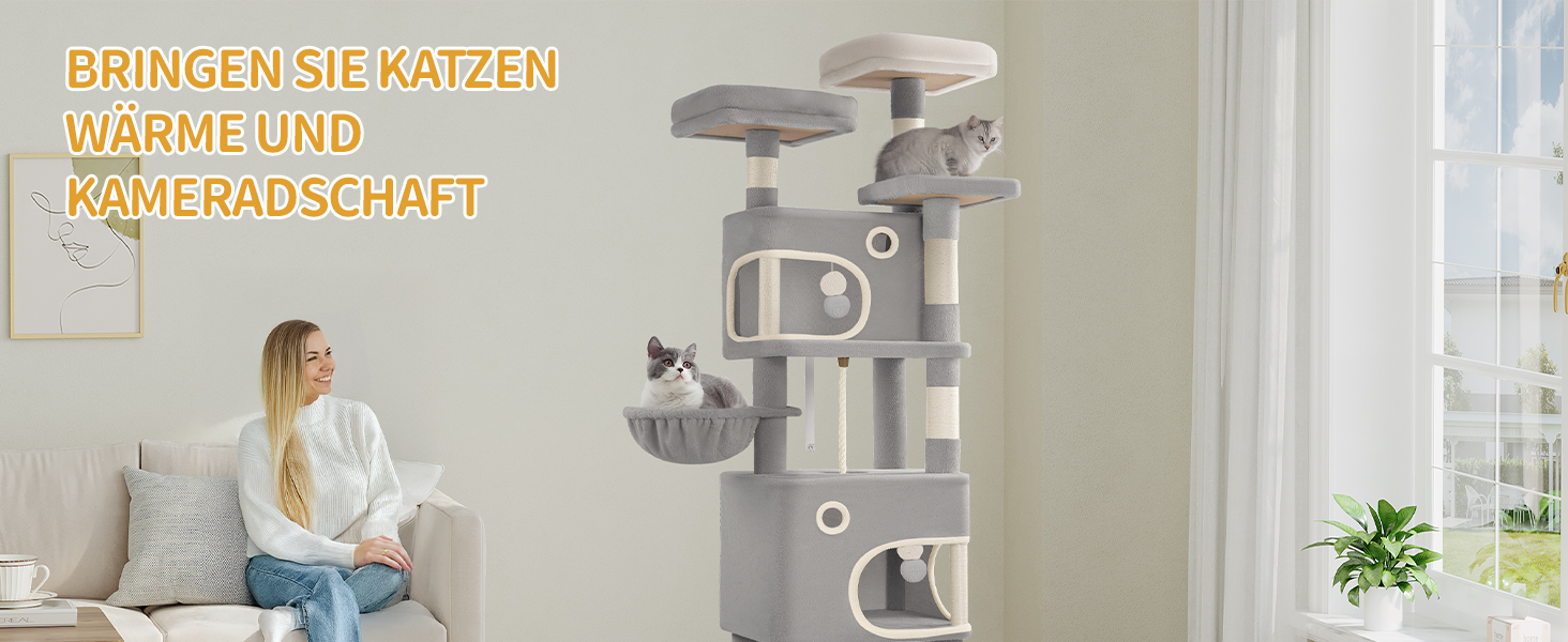 Кігтеточка для котів Hzuaneri, 159 см, з 8 стовпчиками, 3 платформами, 2 ховалами, корзиною, плюшевими кульками, мотузкою з сизалю, підходить для котів різних розмірів, MS15918LG (XL, світло-сірий)