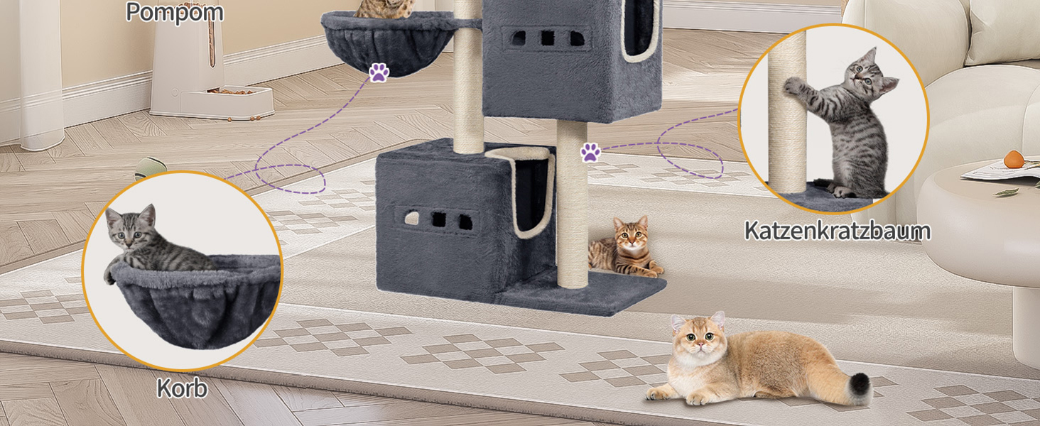 Дерево для котів Hzuaneri, 98 см, зі стійкою конструкцією, великою лежанкою, котячою печерою, сизалевими стовпчиками, кошиком та іграшками, сірий колір MS10018SG