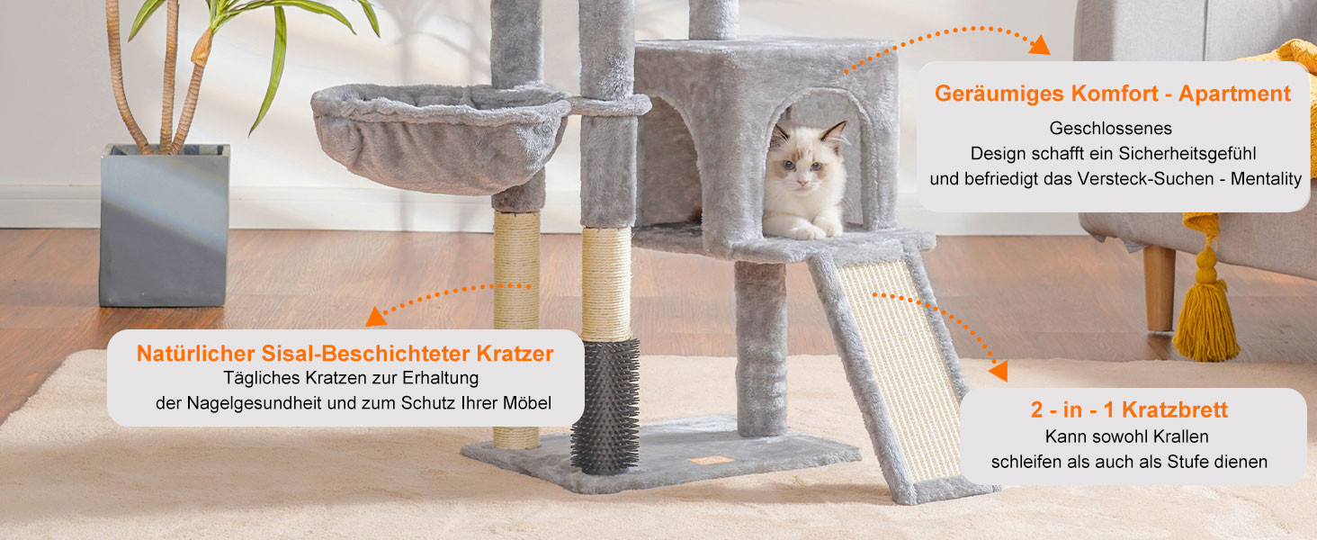 Котячий будиночок Heybly з котячою щіткою, котячий будиночок для домашніх котів з м'якою оксамитовою стійкою, котячий кігтеточки з кошиком, дряпалкою та кігтеточкою, HCT005SG (світло-сірий)