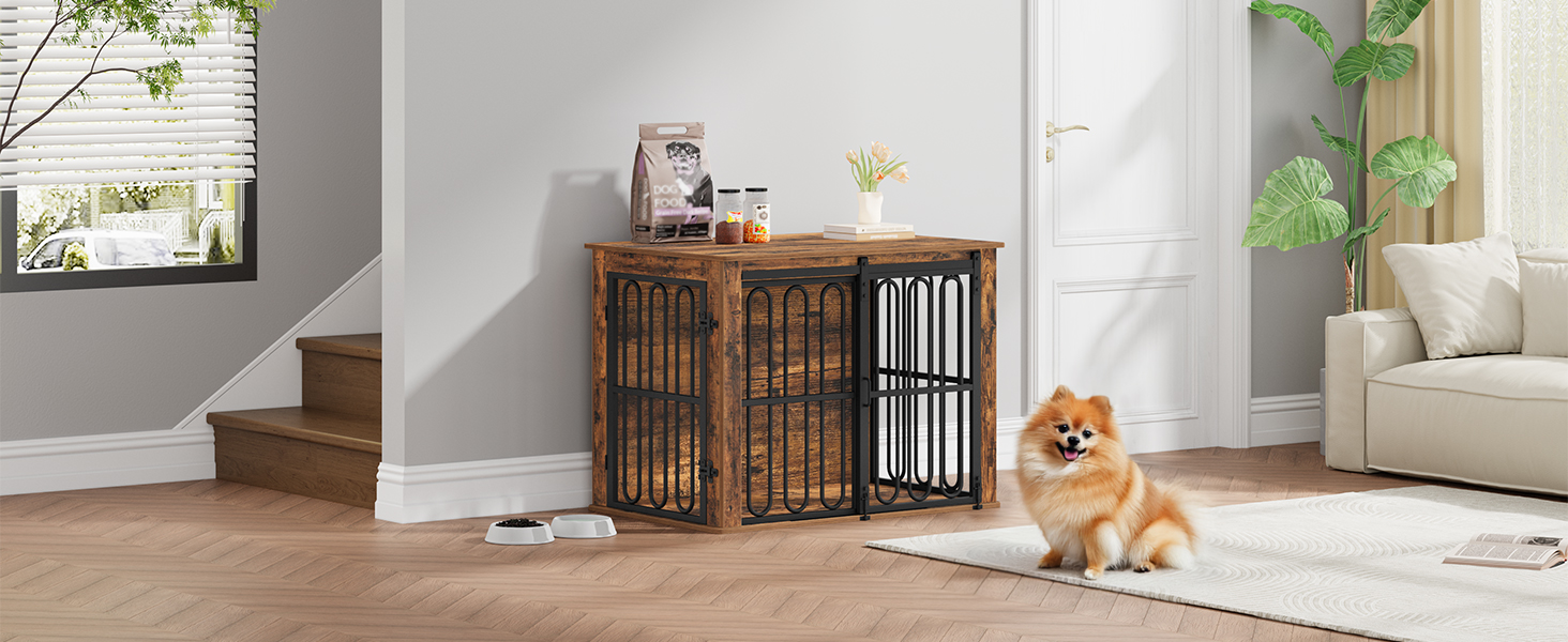 Дерев'яний вольєр для собак, 81 см, вольєр-стілець для дому, 2 двері, ковзні дверцята, для маленьких та середніх собак, міцний, 81 × 55 × 62,4 см, білий (коричневий)