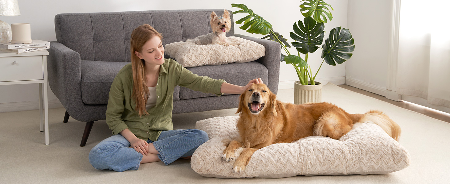 Килимок для собак великих порід, 104x68 см, XL, штучне хутро та льон, Бежевий