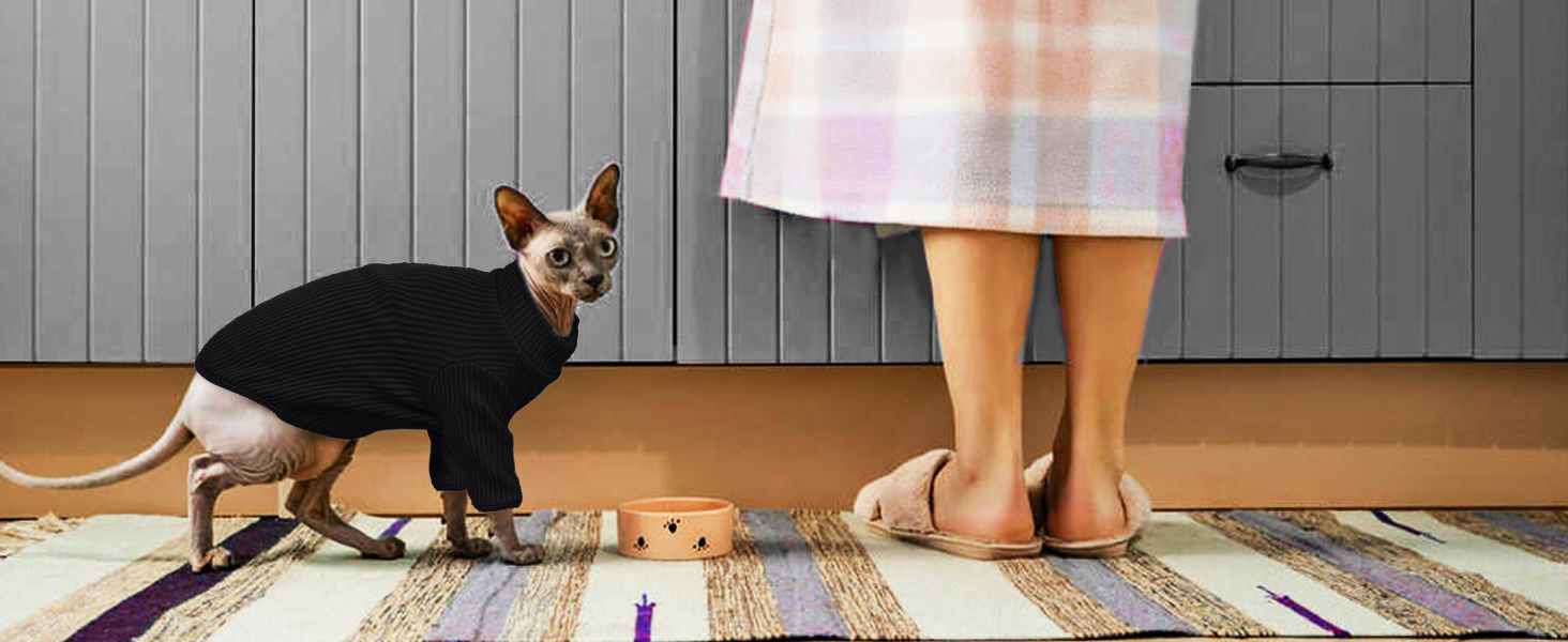В'язаний жилет для безшерстих котів з високим коміром, чорного кольору. Дихаючий одяг для Sphynx, Cornish Rex, Devon Rex, Peterbald. Теплий пуловер-піжама для котів.