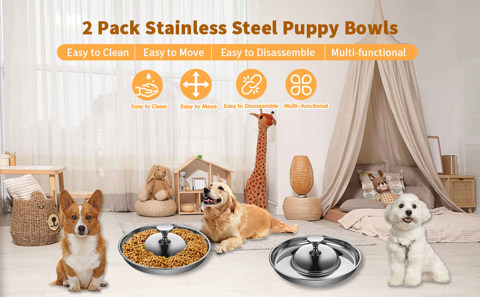 Набір з 2 мисок для цуценят та собак з нержавіючої сталі. Миски для корму та води, повільне годування, відлучення, для маленьких собак та котів