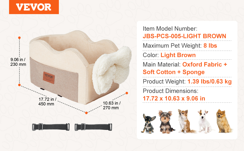 Автомобільне ліжко для собак VEVOR, водовідштовхувальне, з ручками та кишенею, безпечний поводок, наповнювач PP-бавовна (Світло-коричневе, Extra Small)