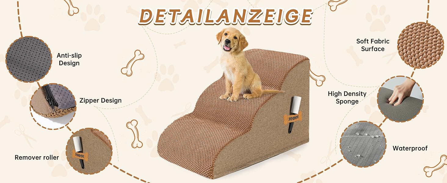 Сходинки для собак та котів ROMROL – 4 сходинки, коричневі, з неслизьким покриттям, з memory foam, для захисту суглобів