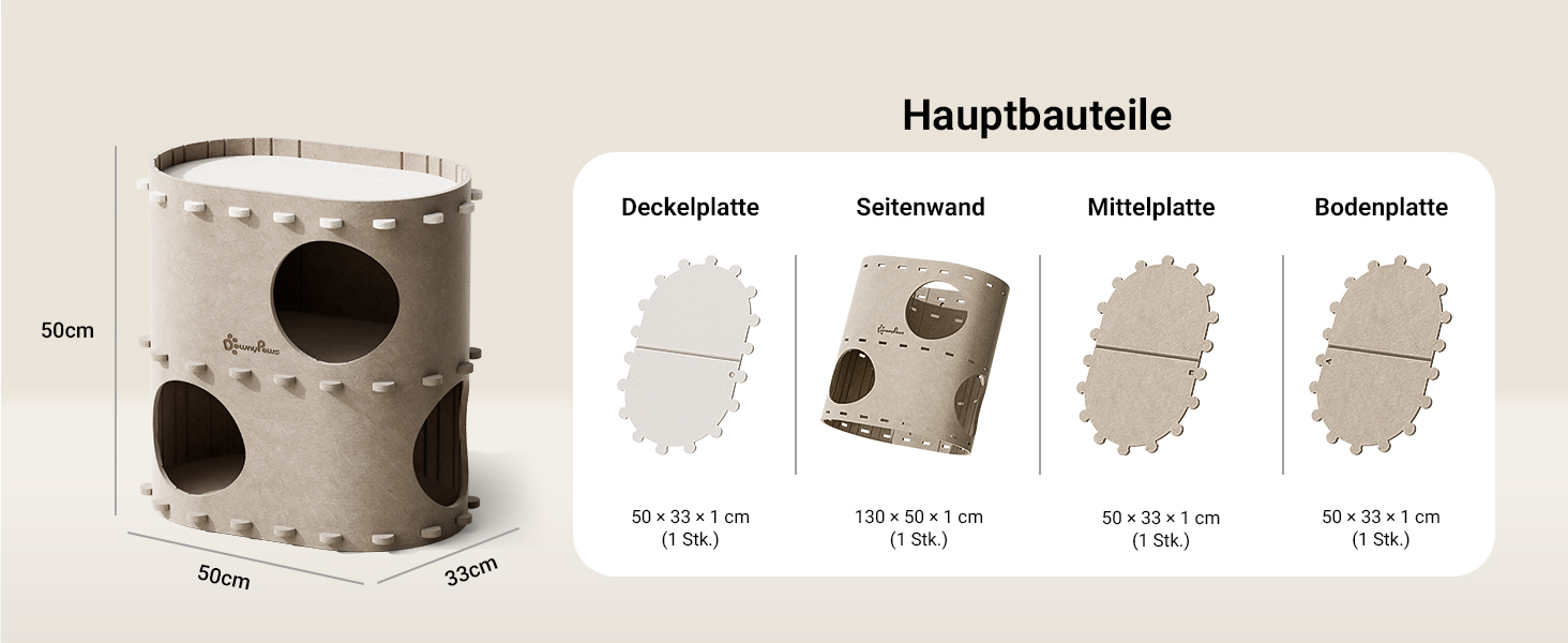 Будиночок-печеринка для котів DownyPaws з фетру, 2-ярусне ліжко для котів, 50 x 33 x 50 см, затишний дизайн, захист кігтів, бежевий