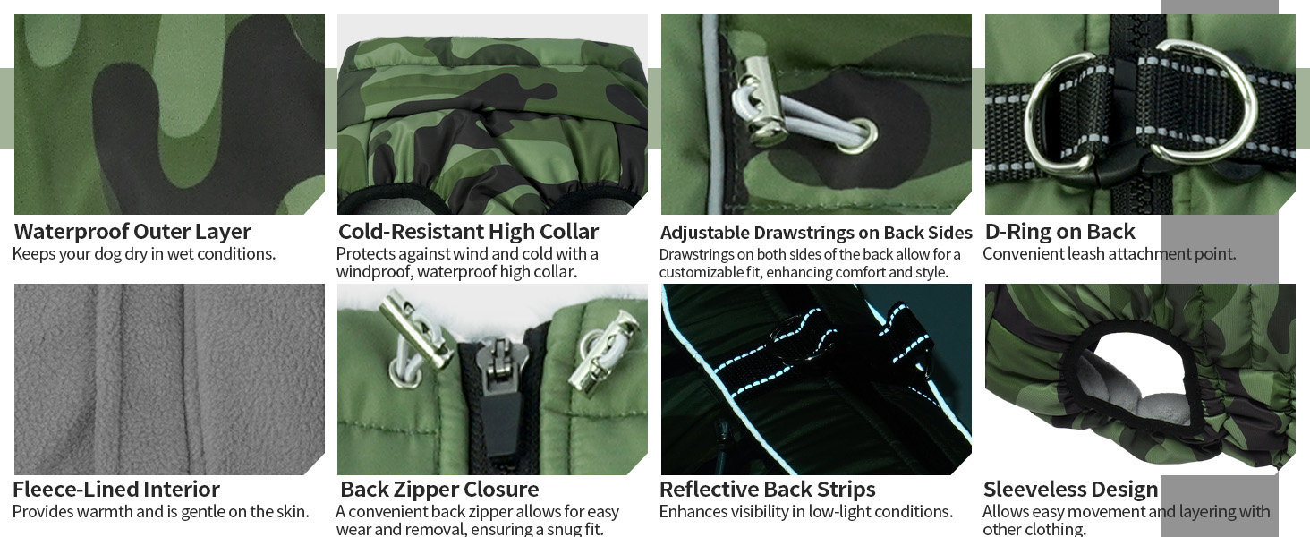 Водонепроникний зимовий одяг для собак, теплий куртка для собак з отвором для шлейки, для малих, середніх та великих собак, військовий камуфляж, з світловідбиваючими смугами, блискавка, XL