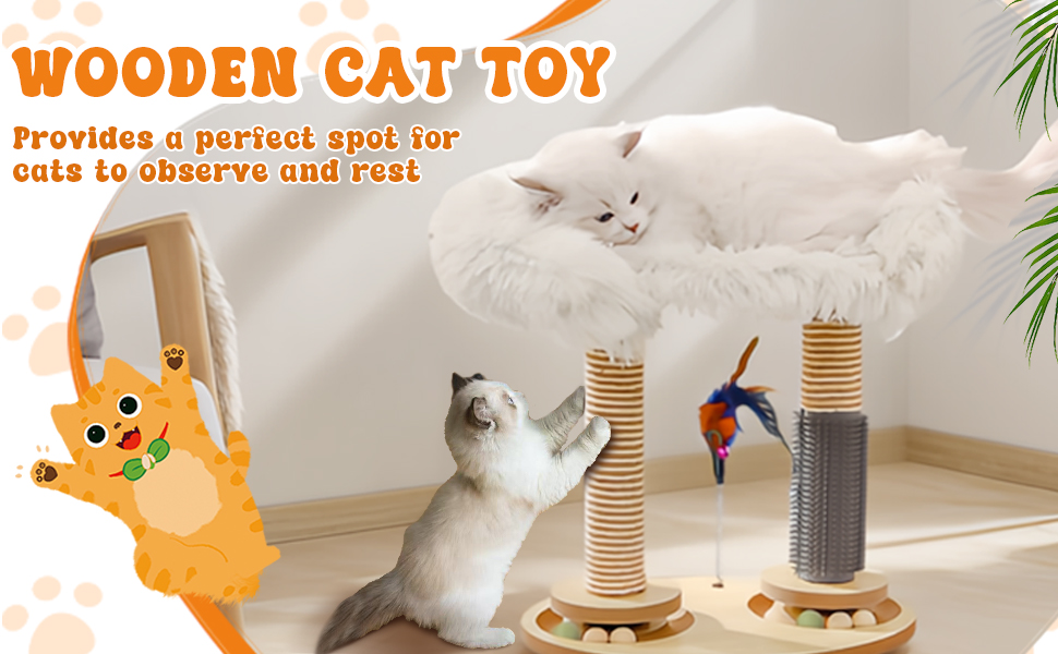 Кігтеточка-гойдалка для котів з платформою, сизаль, зручне ліжко з штучного хутра, іграшки для котів (2 м'яти, 4 дерев'яні, 1 інтерактивна джура), 5 шт.