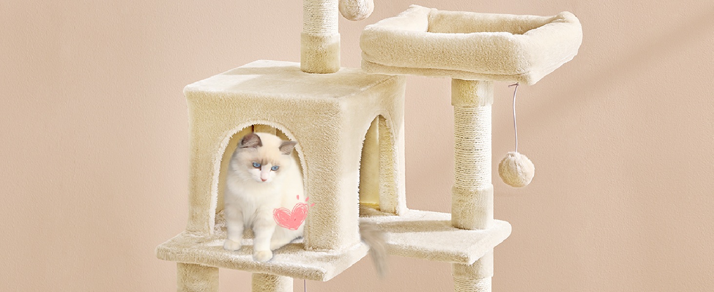 Кігтеточка для котів MSmask велика, стабільна, багатоярусна з 2 платформами, 2 будиночками, гамаком та сизалевими стовпчиками (Бежевий, 160 см)