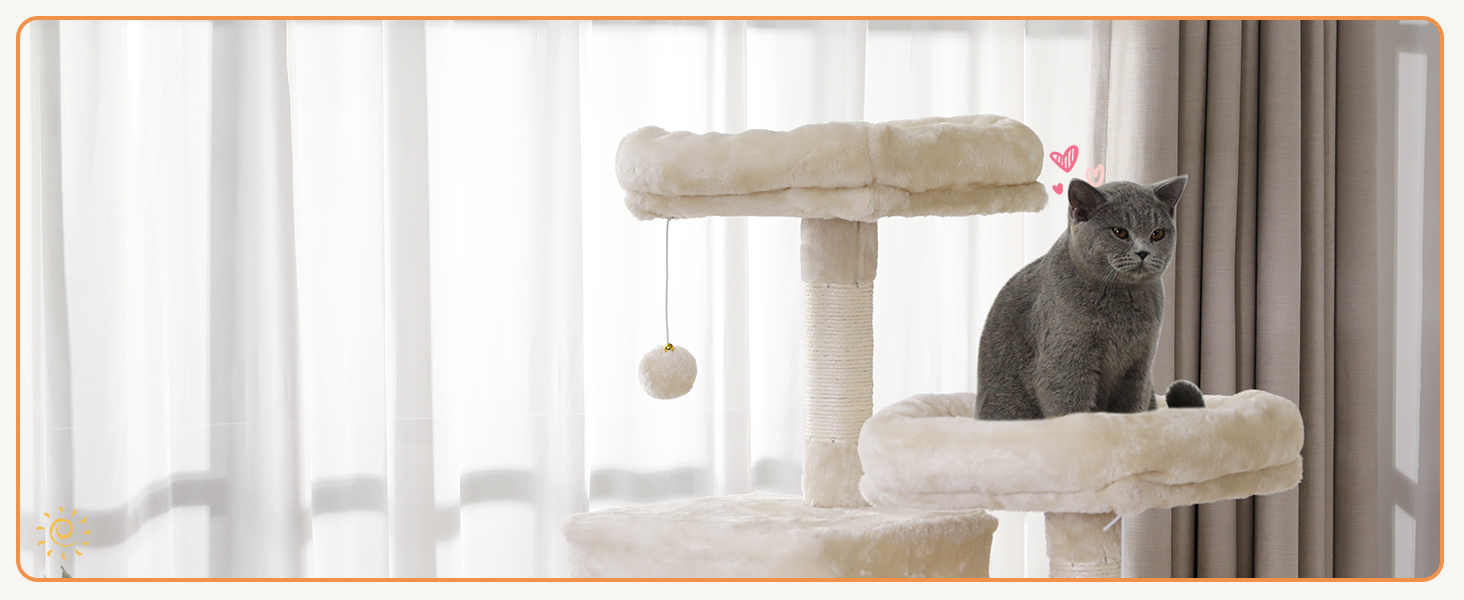 Кігтеточка для котів MSmask велика, стабільна, багатоярусна з 2 платформами, 2 будиночками, гамаком, сизалевими стовпчиками (Бежева, 160 см)