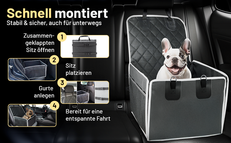 Автокрісло для собак VANEJA: безпечне та зручне автокрісло для маленьких собак, чорного кольору, з водонепроникним кошиком та фіксаторами, TÜV-сертифіковане