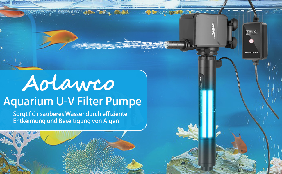 Фільтр для акваріума Aolawco U-V, 120-900 л, 4-в-1 з таймером, 8W лампа проти водоростей, 20W, 1200 л/год