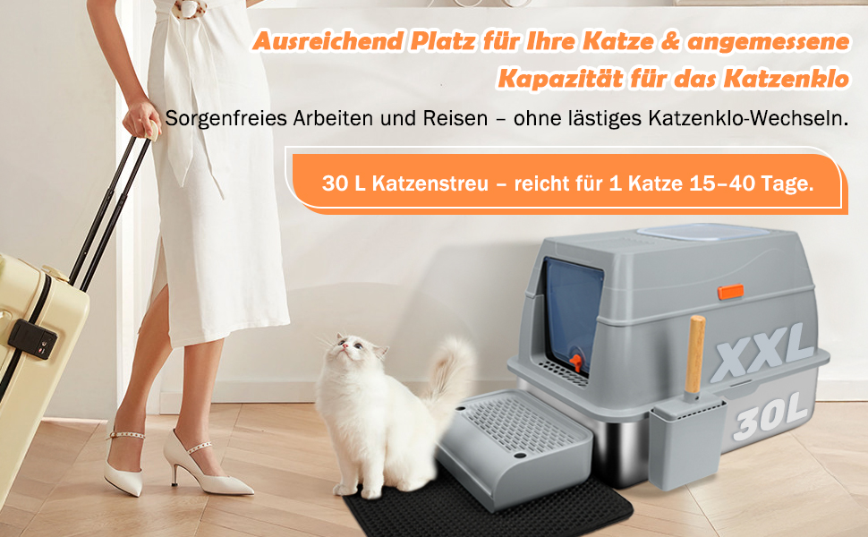 Котловий туалет SZEETECH для котів, великий XXL, нержавіюча сталь з кришкою, з лопаткою, килимком та підставкою, сірий