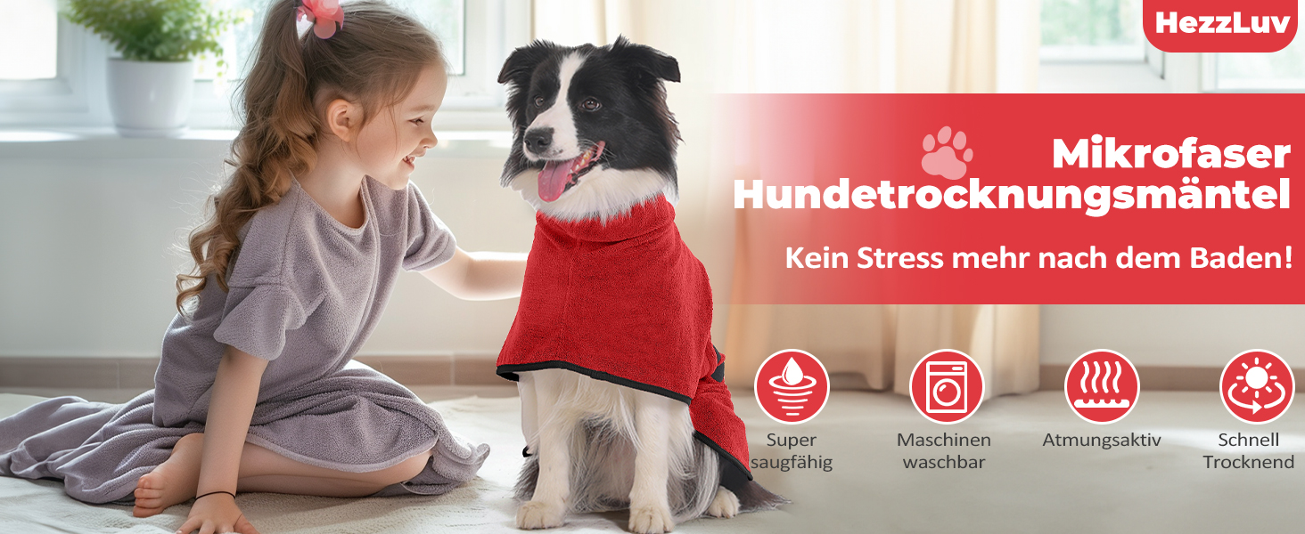 Рушник для собак з мікрофібри, рушник для собак середніх та великих порід, швидковисихаючий, рушник для собак з клямками (Dunkel XXL) (2XL, Червоний)