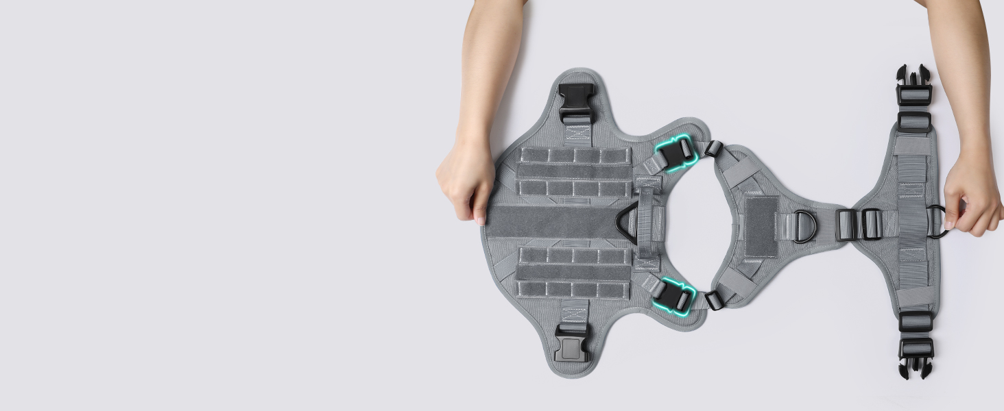 Шлейка для собак Rabbitgoo великих порід, без натягу, тактична з MOLLE, металеві пряжки, дихаюча, військова, регульована, з підкладкою, сіра, L (1 шт.)