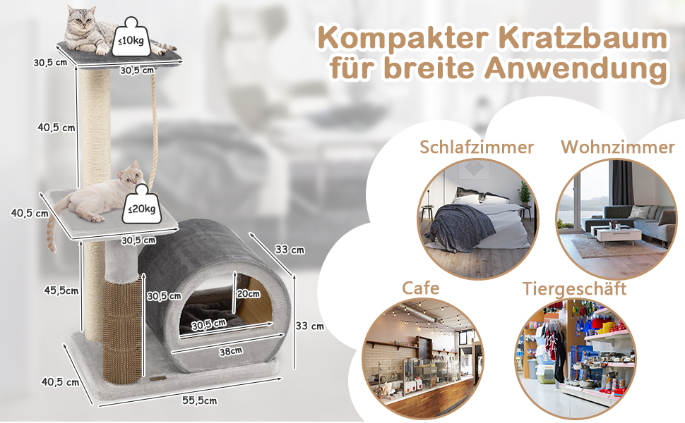 Дерев'яний кігтеточки для котів COSTWAY 92 см з печерою, бамбук, килимок, щітка, м'яч, кріплення, активний комплекс (сірий)