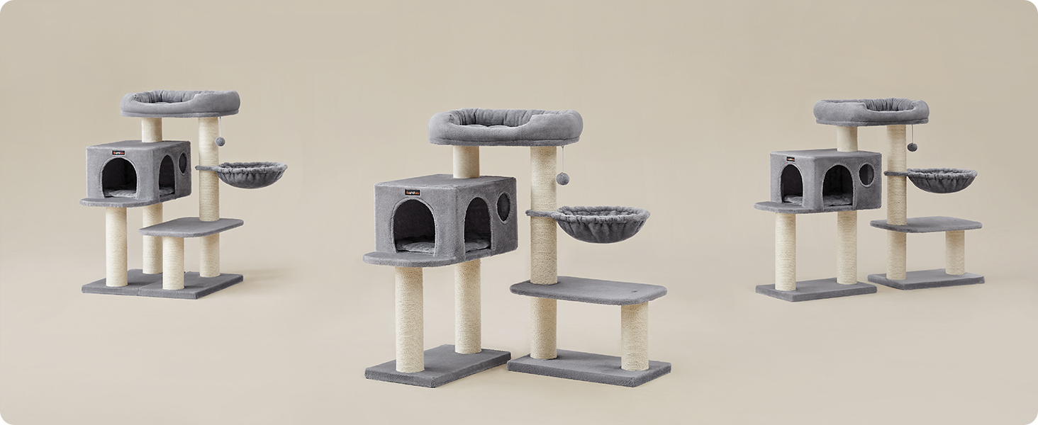 Драбина для котів Feandrea XXL: міцна, з 6 товстими стовпчиками, платформа, будиночок, кошик, сіра