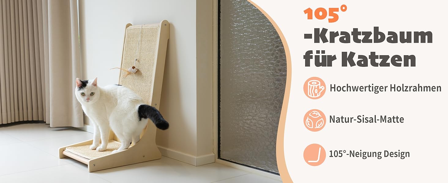 PETKARAY Котяче дряпальний борд з сизалю, 66 см, L-подібний, 105° вертикальна поверхня для дряпання, з іграшками, для стіни та кута