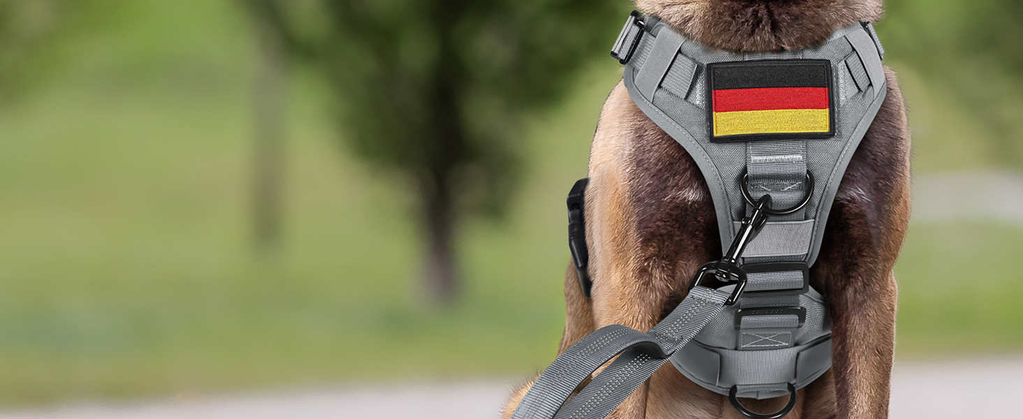 Шлейка для собак Rabbitgoo великих порід, без натягу, тактична з MOLLE, металеві пряжки, дихаюча, військова, регульована, з підкладкою, сіра, L (1 шт.)